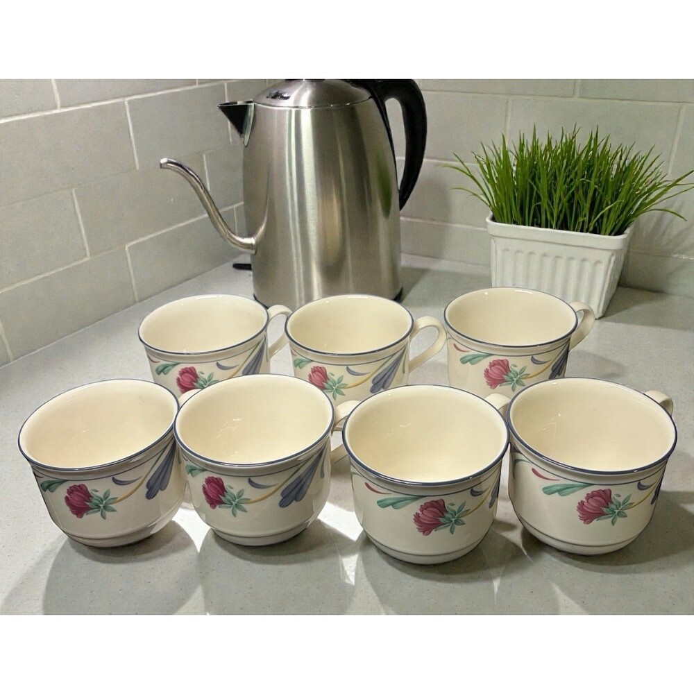 Vintage Set 7 Lenox Chinastone "Poppies on Blue" Tea / Coffee Cups 8oz USA